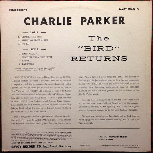 Charlie Parker - The Bird Returns (Vinyl, LP, Stereo) Very Good Plus (VG+) / Good Plus (G+)