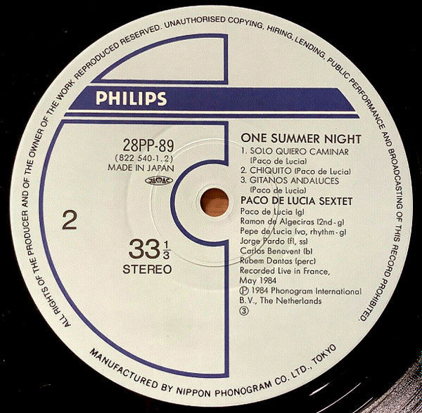 Paco De Lucia Sextet - Live... One Summer Night (Vinyl, LP, Album, Stereo) Very Good Plus (VG+) / Very Good Plus (VG+)