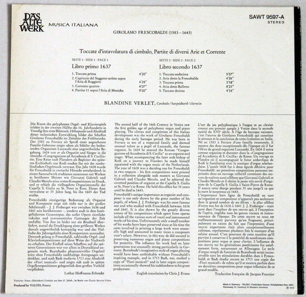 Girolamo Frescobaldi - Toccate Di Cimbalo (Vinyl, LP, Stereo) Very Good Plus (VG+) / Very Good Plus (VG+)