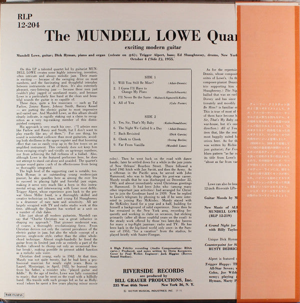 The Mundell Lowe Quartet - The Mundell Lowe Quartet (Vinyl, LP, Album, Reissue, Mono) Very Good (VG) / Very Good Plus (VG+)