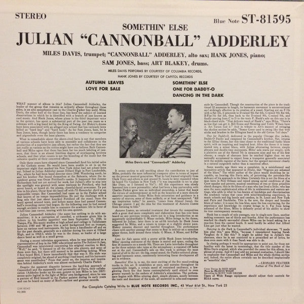 Cannonball Adderley - Somethin' Else (Vinyl, LP, Album, Limited Edition, Reissue, Stereo) Near Mint (NM or M-) / Very Good Plus (VG+)