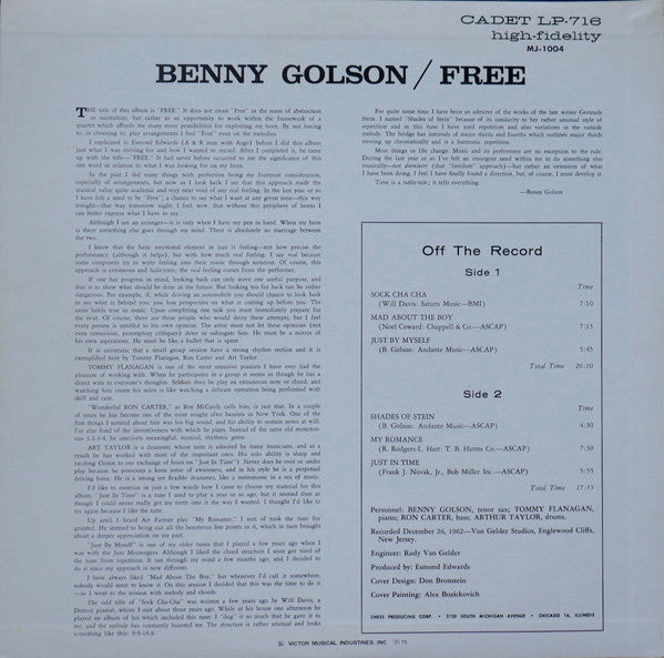 Benny Golson Quartet - Free (Vinyl, LP, Album, Reissue, Stereo) Very Good Plus (VG+) / Very Good Plus (VG+)