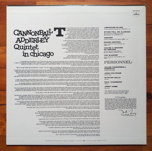 The Cannonball Adderley Quintet - In Chicago (Vinyl, LP, Album, Reissue, Stereo) Very Good Plus (VG+) / Very Good Plus (VG+)