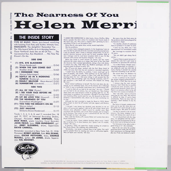 Helen Merrill - The Nearness Of You (Vinyl, LP, Album, Reissue, Mono) Very Good (VG) / Very Good Plus (VG+)