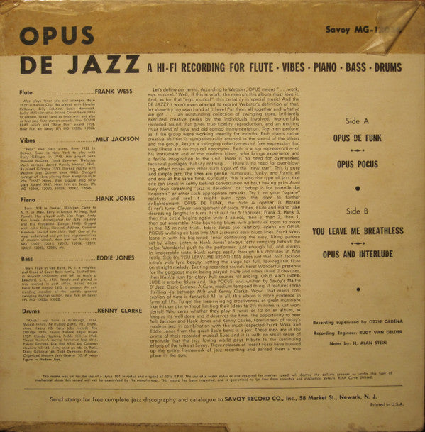 Milt Jackson - Opus De Jazz (Vinyl, LP, Album, Reissue, Mono) Very Good (VG) / Very Good Plus (VG+)