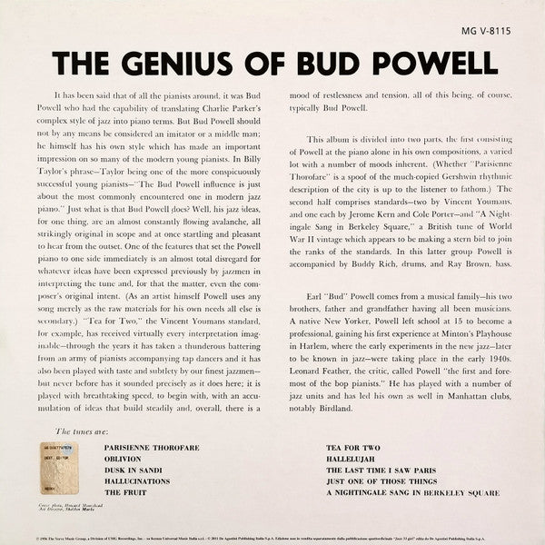 Bud Powell - The Genius Of Bud Powell (Vinyl, LP, Album, Reissue, Mono) Very Good Plus (VG+) / Very Good Plus (VG+)