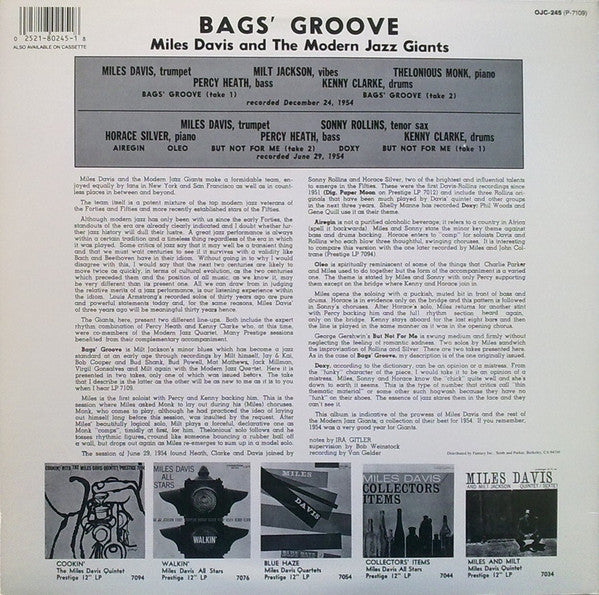 Miles Davis - Bags Groove (Vinyl, LP, Album, Reissue, Repress) Very Good Plus (VG+) / Very Good Plus (VG+)