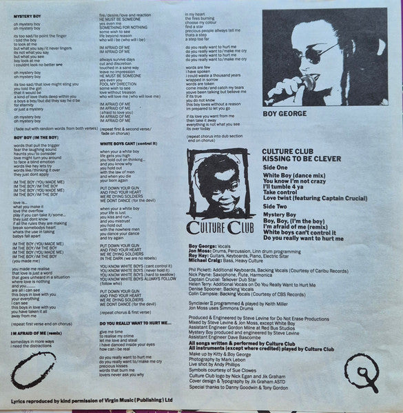 Culture Club - Kissing To Be Clever = Mystery Boy (Vinyl, LP, Album, Stereo) Very Good Plus (VG+) / Very Good Plus (VG+)