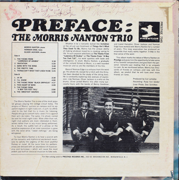 The Morris Nanton Trio - Preface (Vinyl, LP, Album, Stereo) Good Plus (G+) / Good (G)