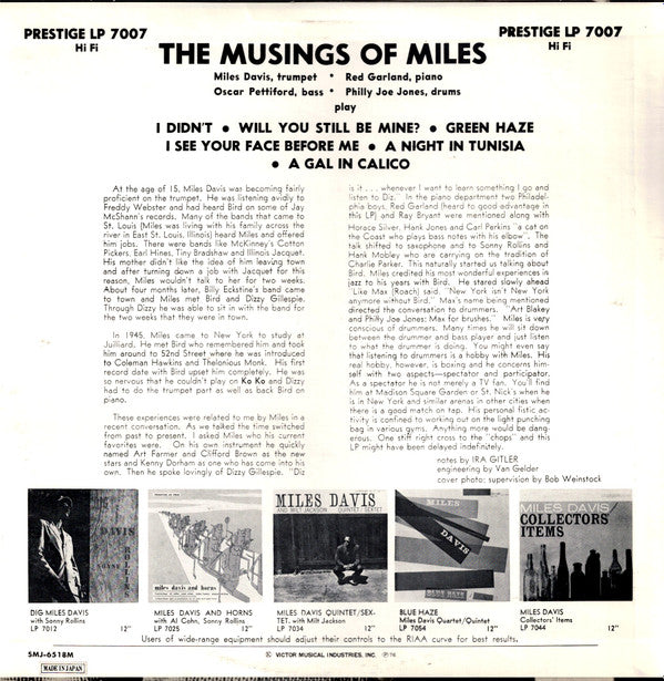 Miles Davis - The Musings Of Miles (Vinyl, LP, Album, Mono, Reissue) Very Good Plus (VG+) / Very Good Plus (VG+)