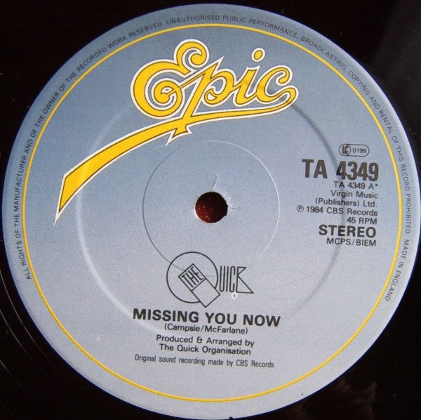 The Quick - ...Missing You Now (Vinyl, 12", 45 RPM, Stereo) Very Good Plus (VG+) / Very Good Plus (VG+)