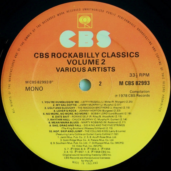 Various - CBS Rockabilly Classics Vol. 2 - Rockabilly Vol. 2 (Vinyl, LP, Compilation, Mono) Near Mint (NM or M-) / Very Good (VG)