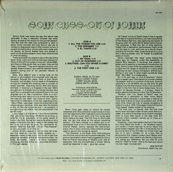 Sonny Criss - Out Of Nowhere (Vinyl, LP, Album) Very Good (VG) / Poor (P)