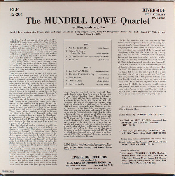 The Mundell Lowe Quartet - The Mundell Lowe Quartet (Vinyl, LP, Album, Reissue, Mono) Very Good (VG) / Very Good Plus (VG+)