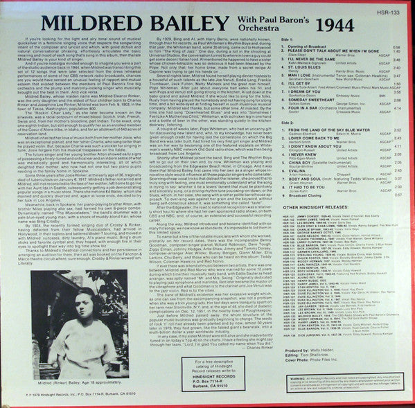Mildred Bailey - The Uncollected Mildred Bailey 1944 (The CBS Radio Shows) (Vinyl, LP, Mono) Very Good (VG) / Very Good (VG)