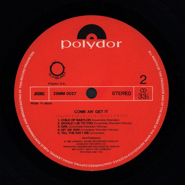 Whitesnake - Come An' Get It (Vinyl, LP, Album) Very Good Plus (VG+) / Very Good Plus (VG+)