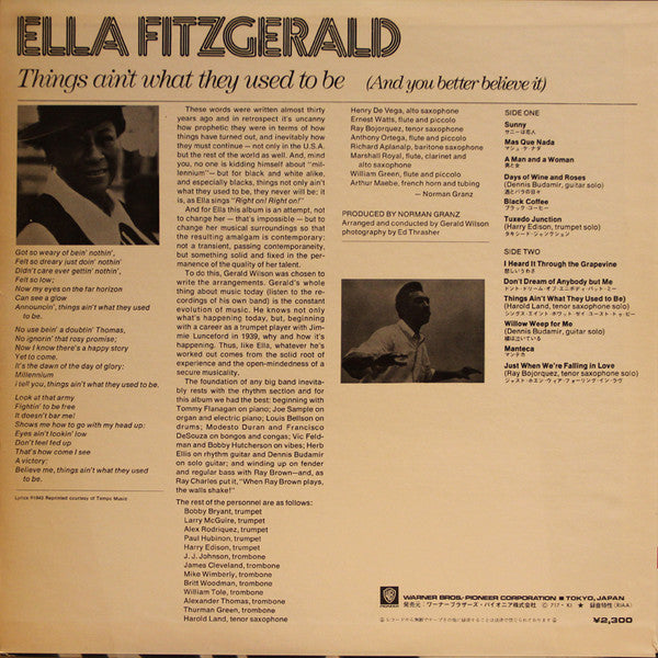 Ella Fitzgerald - Things Ain't What They Used To Be (And You Better Believe It) (Vinyl, LP, Album, Stereo) Very Good Plus (VG+) / Very Good (VG)