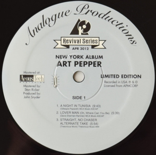 Art Pepper - New York Album (Vinyl, LP, Limited Edition, Reissue, Remastered) Very Good Plus (VG+) / Near Mint (NM or M-)
