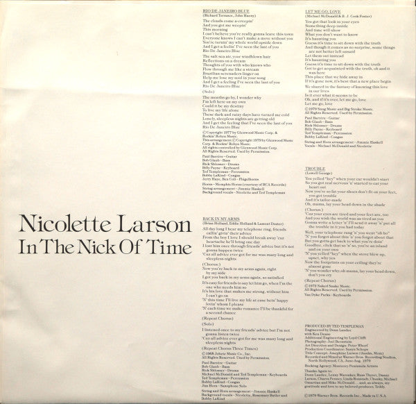 Nicolette Larson - In The Nick Of Time (Vinyl, LP, Album) Very Good (VG) / Very Good (VG)