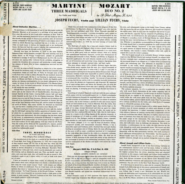 Bohuslav Martinů - Three Madrigals For Violin And Viola / Duo No.2 In B Flat Major For Violin And Viola, K. 424 (Vinyl, LP, Mono) Very Good (VG) / Very Good Plus (VG+)