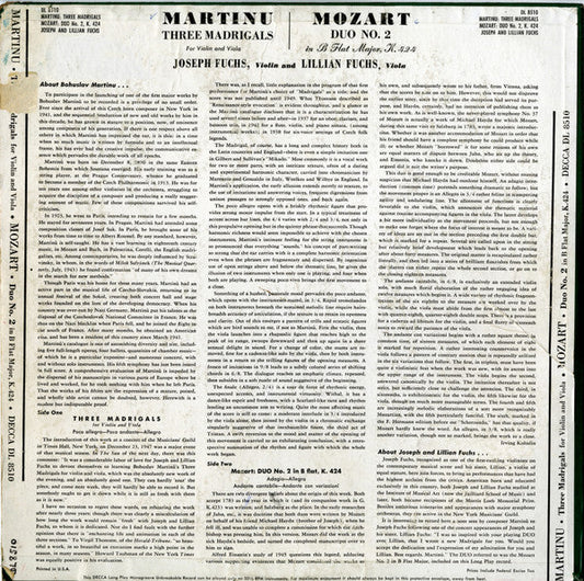 Bohuslav Martinů - Three Madrigals For Violin And Viola / Duo No.2 In B Flat Major For Violin And Viola, K. 424 (Vinyl, LP, Mono) Very Good (VG) / Very Good Plus (VG+)