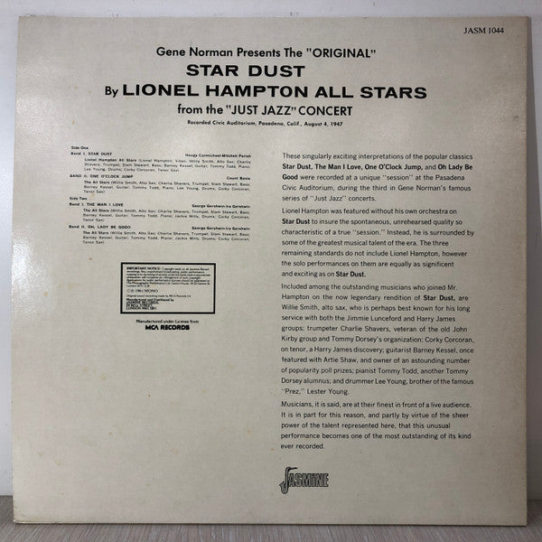Lionel Hampton All Stars - The “Original” Lionel Hampton Stardust (Vinyl, LP, Reissue) Very Good Plus (VG+) / Very Good (VG)
