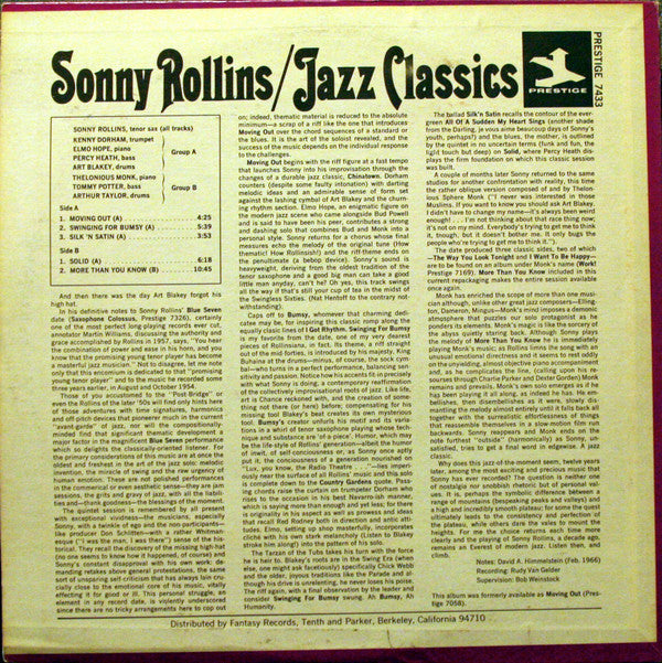 Sonny Rollins - Jazz Classics (Vinyl, LP, Album, Reissue, Remastered, Stereo) Very Good (VG) / Very Good (VG)