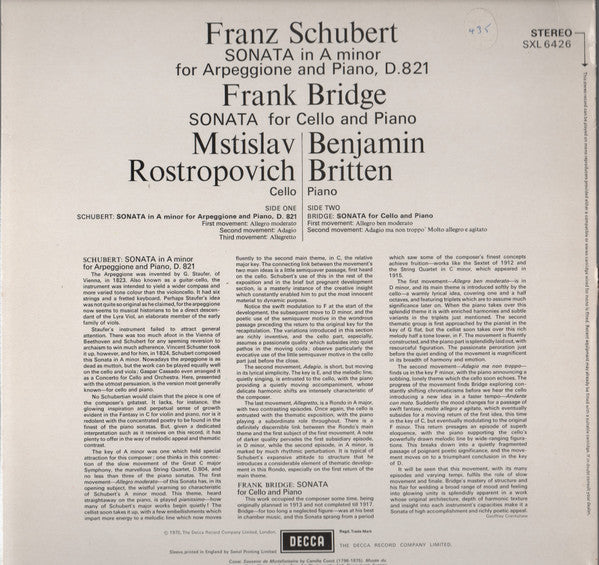 Franz Schubert - Schubert: Sonata For Arpeggione And Piano / Bridge: Sonata For Cello And Piano (Vinyl, LP, Album, Repress) Very Good (VG) / Very Good Plus (VG+)