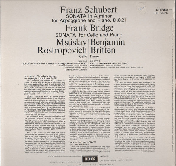 Franz Schubert - Schubert: Sonata For Arpeggione And Piano / Bridge: Sonata For Cello And Piano (Vinyl, LP, Album, Repress) Near Mint (NM or M-) / Very Good Plus (VG+)