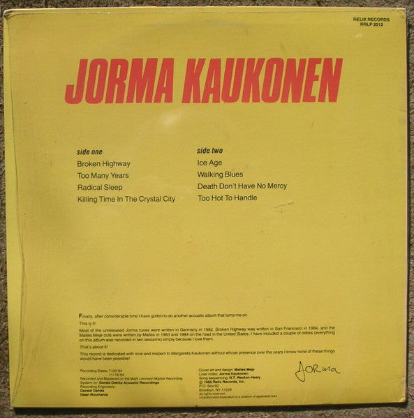 Jorma Kaukonen - Too Hot To Handle (Vinyl, LP, Album) Near Mint (NM or M-) / Near Mint (NM or M-)