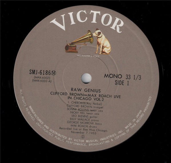 Clifford Brown and Max Roach - Raw Genius - Live At Bee Hive Chicago 1955 Vol 2 (Vinyl, LP, Album, Mono) Very Good Plus (VG+) / Very Good Plus (VG+)