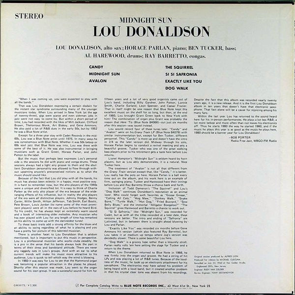 Lou Donaldson - Midnight Sun (Vinyl, LP, Album, Reissue) Very Good Plus (VG+) / Good Plus (G+)