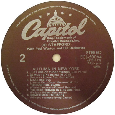 Jo Stafford - Autumn In New York (Vinyl, LP, Album, Reissue, Stereo)