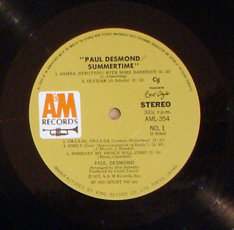Paul Desmond - Summertime (Vinyl, LP, Album) Very Good Plus (VG+) / Very Good (VG)