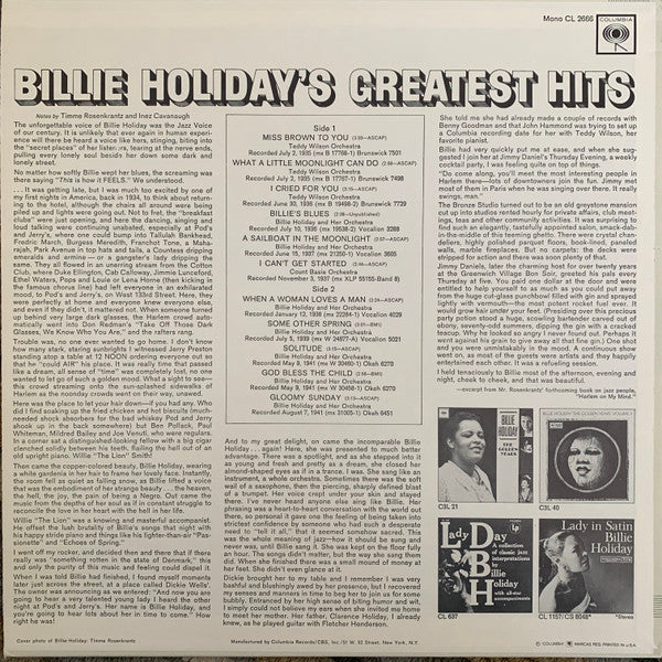 Billie Holiday - Billie Holiday's Greatest Hits (Vinyl, LP, Compilation, Reissue, Mono) Very Good (VG) / Good Plus (G+)