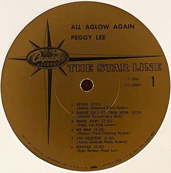 Peggy Lee - All Aglow Again! (Vinyl, LP, Compilation, Mono) Very Good (VG) / Good (G)