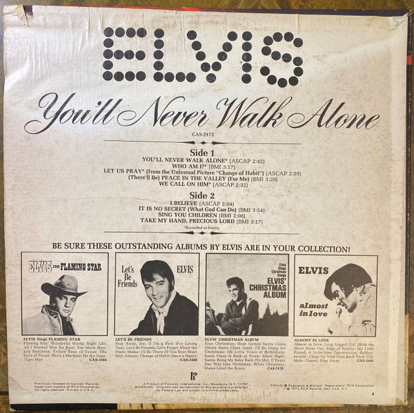 Elvis Presley - You'll Never Walk Alone (Vinyl, LP, Album, Compilation, Reissue) Very Good (VG) / Very Good Plus (VG+)