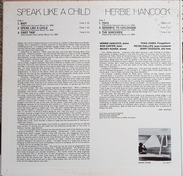 Herbie Hancock - Speak Like A Child (Vinyl, LP, Album, Reissue, Stereo) Near Mint (NM or M-) / Very Good Plus (VG+)
