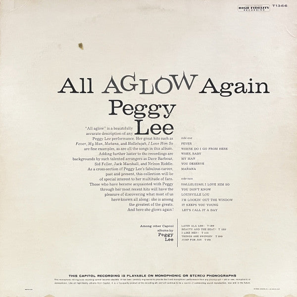 Peggy Lee - All Aglow Again! (Vinyl, LP, Compilation, Mono) Very Good (VG) / Good (G)