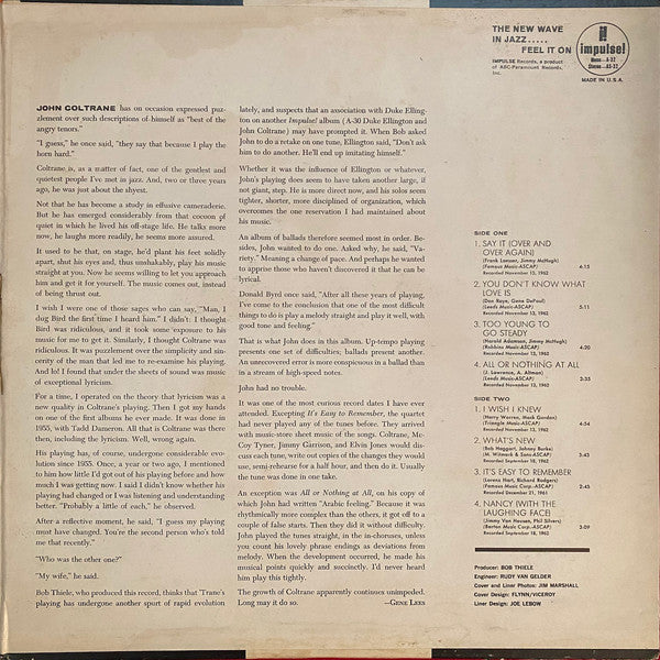 The John Coltrane Quartet - Ballads (Vinyl, LP, Album, Stereo, Reissue) Very Good (VG) / Good Plus (G+)