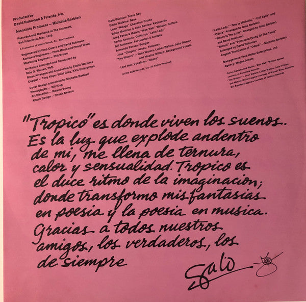 Gato Barbieri - Tropico (Vinyl, LP, Album, Promo, Stereo) Very Good (VG) / Very Good Plus (VG+)