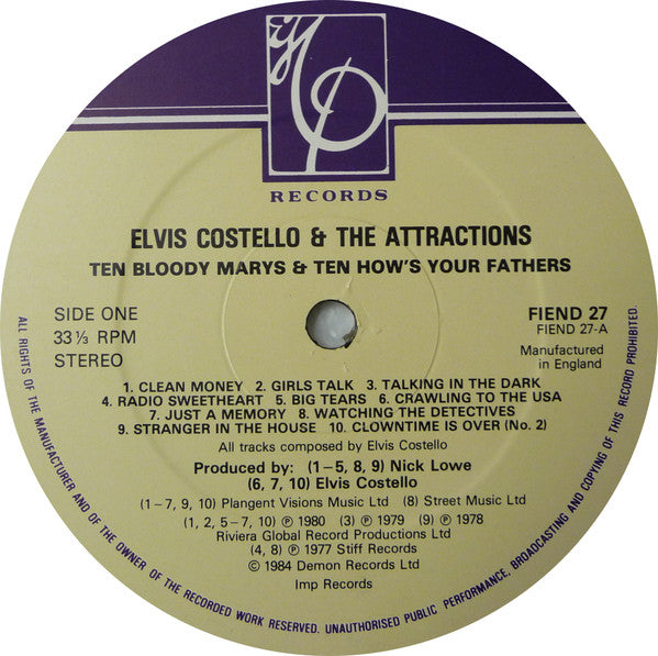 Elvis Costello & The Attractions - Ten Bloody Marys & Ten How's Your Fathers (Vinyl, LP, Compilation, Reissue) Very Good (VG) / Very Good Plus (VG+)