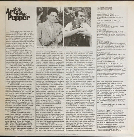 Art Pepper - ...The Way It Was! (Vinyl, LP, Album, Reissue) Near Mint (NM or M-) / Very Good Plus (VG+)