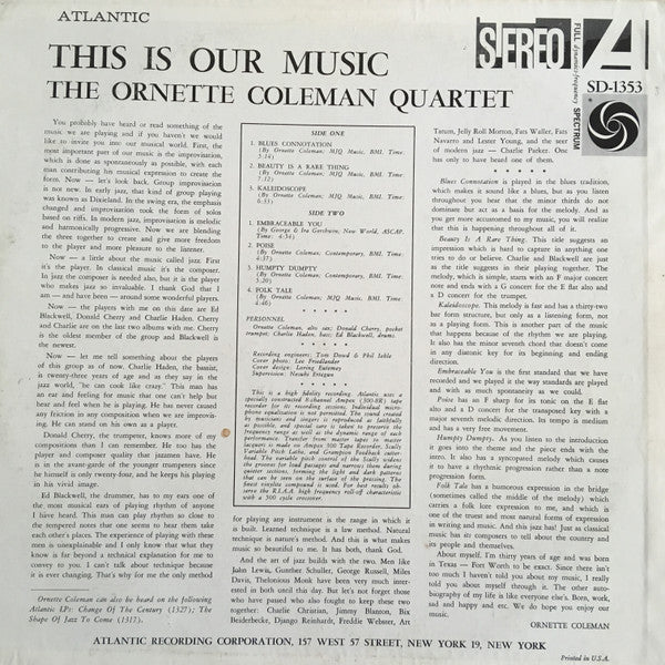 The Ornette Coleman Quartet - This Is Our Music (Vinyl, LP, Album, Reissue, Stereo) Very Good (VG) / Very Good (VG)