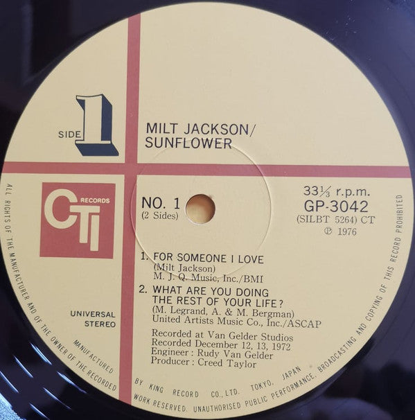 Milt Jackson - Sunflower (Vinyl, LP, Album, Reissue) Very Good Plus (VG+) / Good Plus (G+)