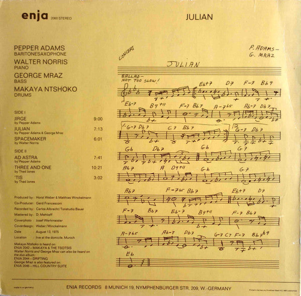 Pepper Adams - Julian (Vinyl, LP, Album, Stereo) Very Good (VG) / Good Plus (G+)