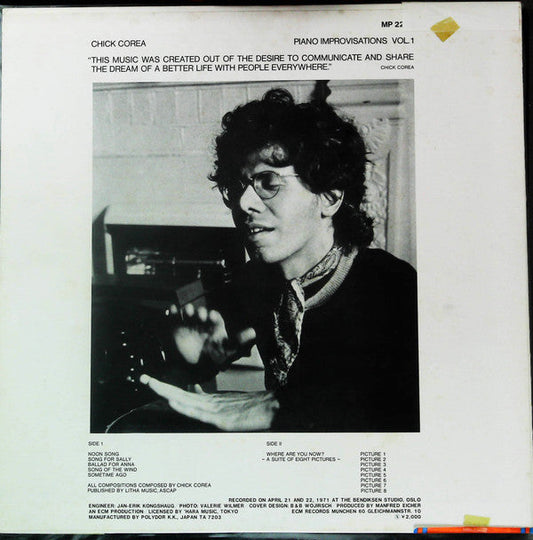 Chick Corea - Piano Improvisations Vol. 1 (Vinyl, LP, Album, Reissue) Very Good Plus (VG+) / Very Good Plus (VG+)