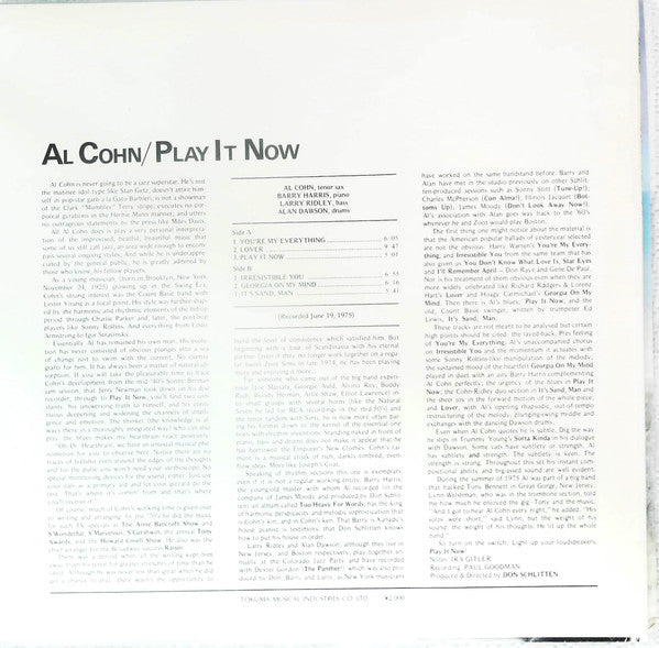 Al Cohn - Play It Now (Vinyl, LP) Very Good Plus (VG+) / Very Good (VG)