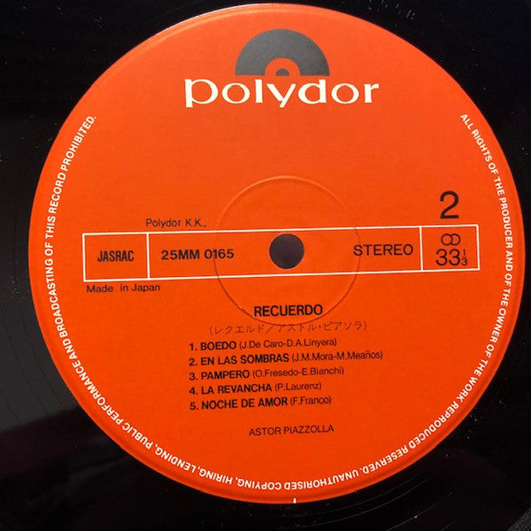 Astor Piazzolla Y Su Gran Orquesta - Recuerdo (Vinyl, LP, Album, Stereo) Very Good Plus (VG+) / Very Good (VG)