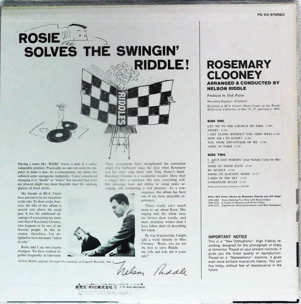 Rosemary Clooney - Rosie Solves The Swingin' Riddle! (Vinyl, LP, Album, Promo, Stereo) Very Good (VG) / Very Good (VG)
